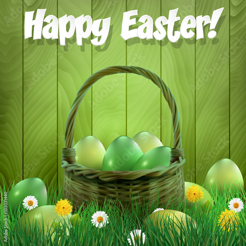 Easter basket with green Easter eggs, wooden background. Vector illustration.