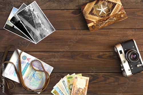 Photography Travel Memories Vintage Composition with Photo Cards and Passport