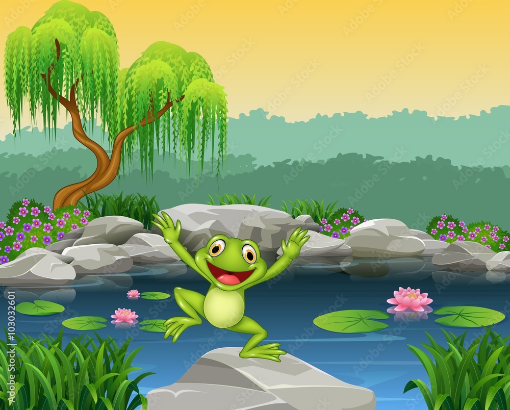 Fototapeta premium Cartoon happy frog jumping on the rock