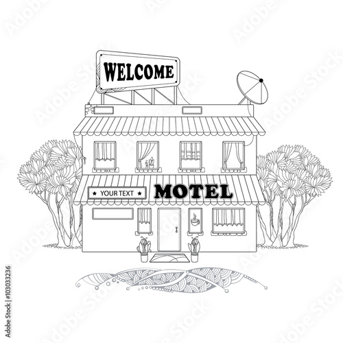 Small two storey motel with trees at the back isolated on white background. Architectural elements in contour style.