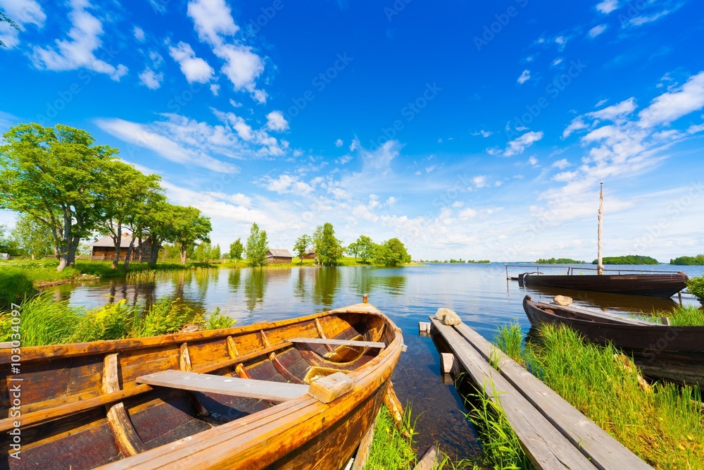 Kizhi. landscape lake wooden boat day Kizhi. landscape lake wooden boat day