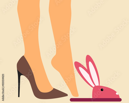 Business Woman takes off shoes at home after work. Vector illustration
