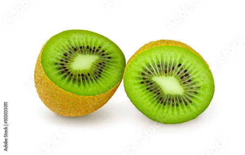 Two halves of juicy kiwi fruit on a white background