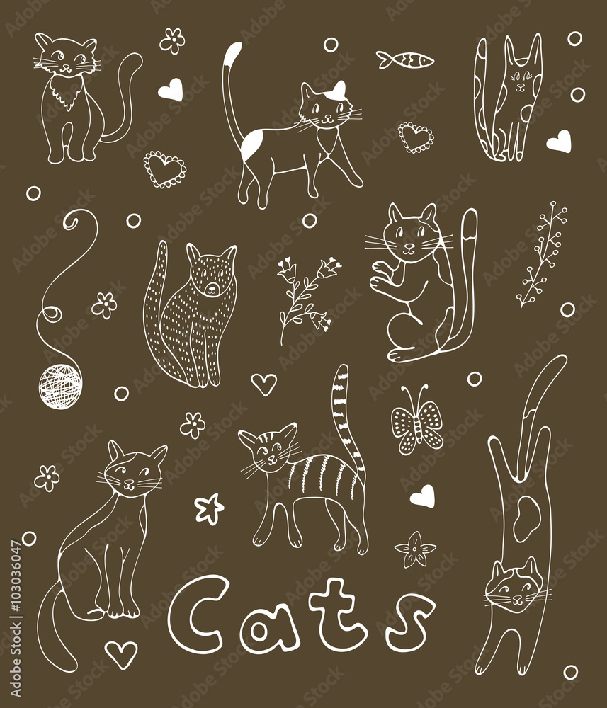 Set of hand drawn cats. White silhouettes on black Set of hand drawn cats. White silhouettes on black