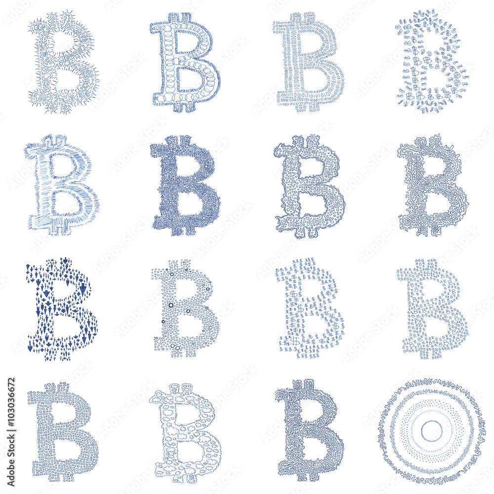Hand-drawn Bitcoin logo collage Hand-drawn Bitcoin logo collage