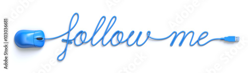 Blue mouse and cable in the shape of follow me text photo