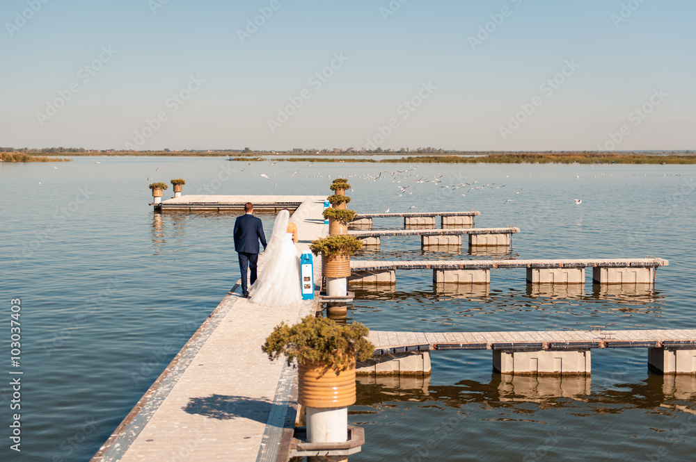 Obraz premium newlyweds is running with joined hands on pier
