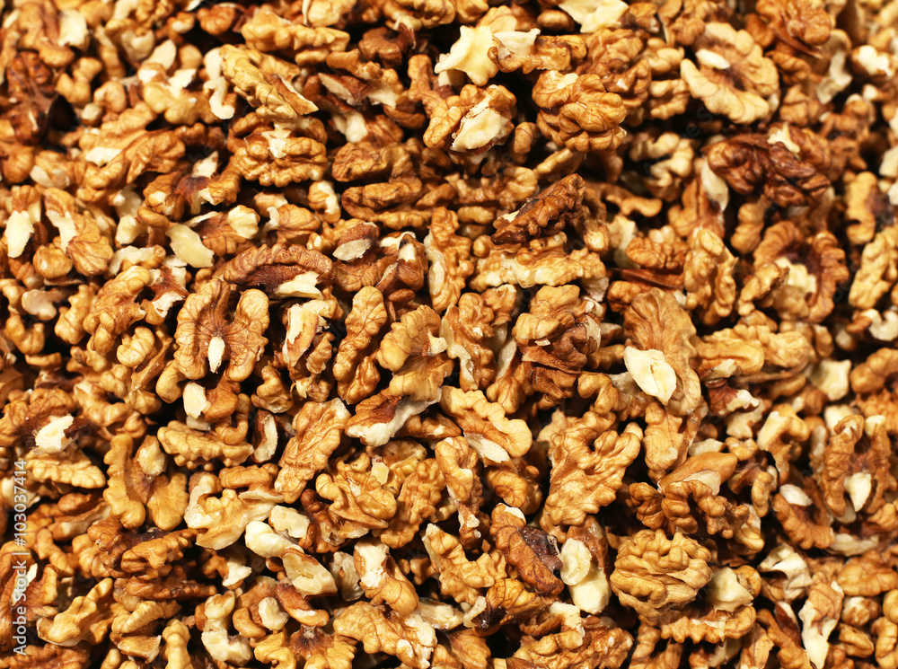 Refined walnut close up on farmers market Refined walnut close up on farmers market