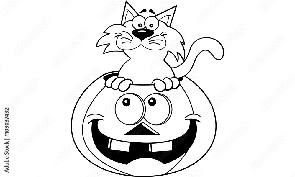 Black and white illustration of a cat inside a pumpkin. Stock Vector ...