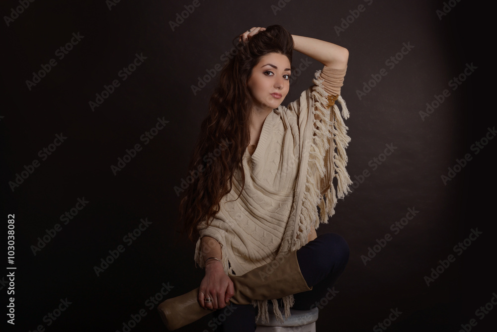 long hair brunette on black background long hair brunette on black background