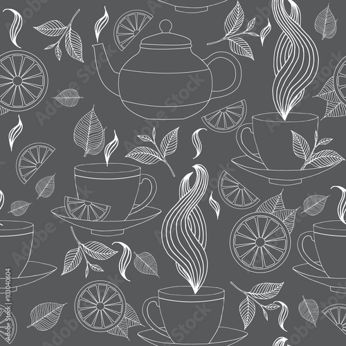 Tea time seamless pattern with hand drawn doodle elements. Monochrome Breakfast seamless  pattern with tea pots, tea leaves, lemon, tea cup and other.
