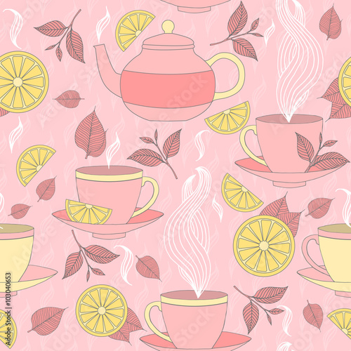 Tea time seamless pattern with hand drawn doodle elements. Breakfast seamless  pattern with tea pots, tea leaves, lemon, tea cup and other.