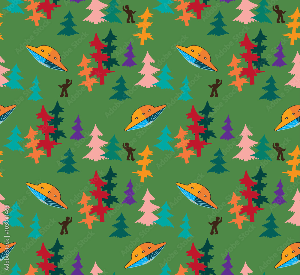 UFO in the autumn forest vector seamless pattern