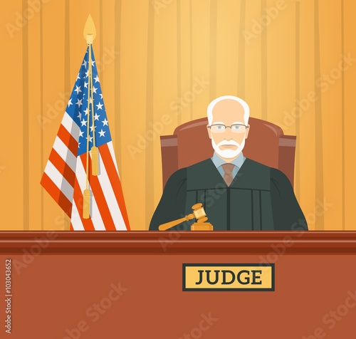 Judge man in courthouse at tribunal with gavel and flag of USA. Civil and criminal cases public trial. Vector flat illustration. Law and justice conceptual banner.