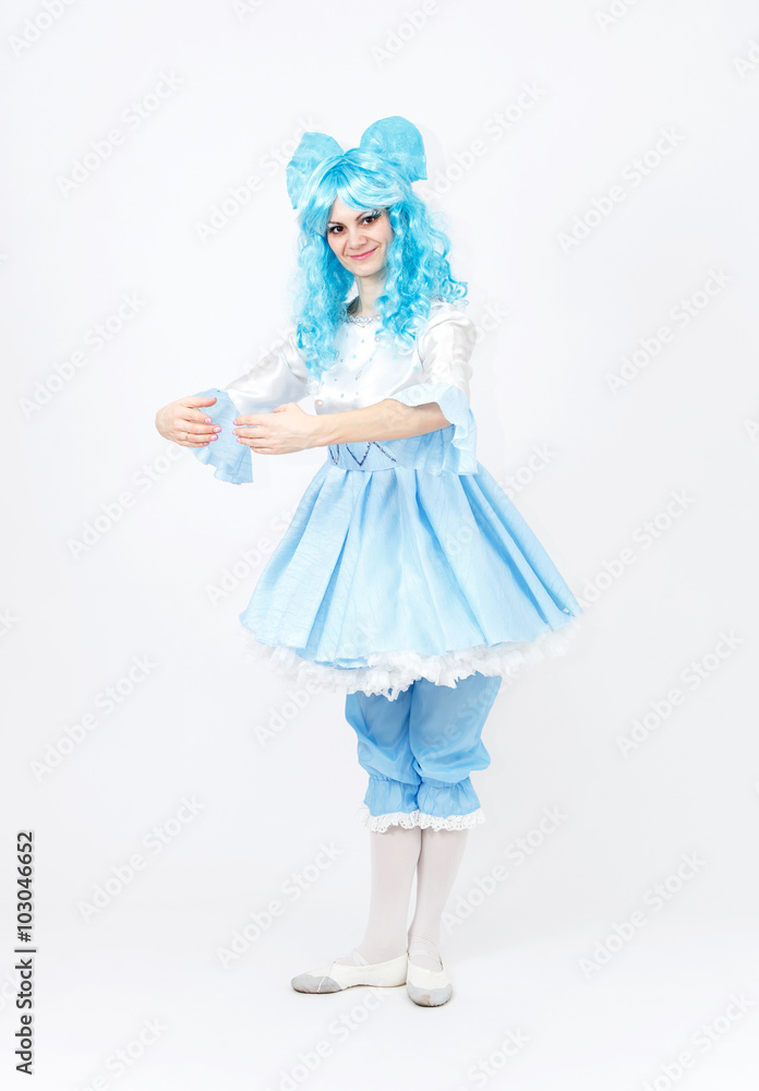 Theatre actress in fairy tale costume of alive doll on white Theatre actress in fairy tale costume of alive doll on white