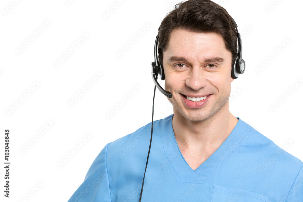 Call center operator man in medical. Call center operator man in medical.