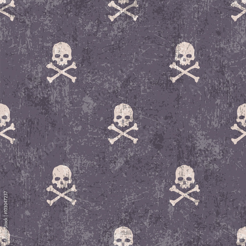 Skull and crossbones on grunge background. Vector seamless pattern