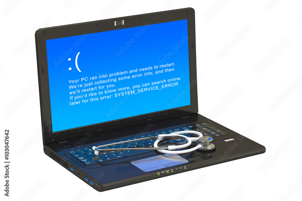 Laptop with blue error screen and stethoscope Laptop with blue error screen and stethoscope