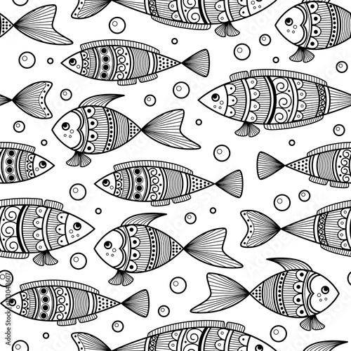 Seamless pattern of black and white fishes in doodle ink style. Vector illustration