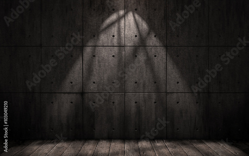 grunge industrial background, a dark underground room with walls of concrete slabs and wooden floor