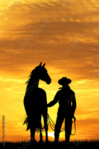 Obraz na plátně cowboy with horse at sunset