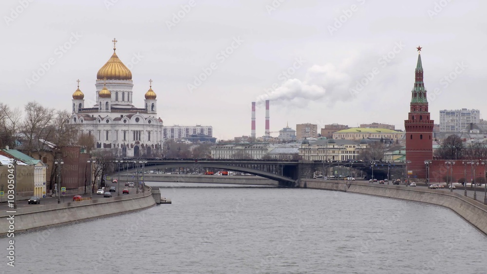 Moskva river, Kremlin and Christ the Savior Cathedral in Moscow, Russia Moskva river, Kremlin and Christ the Savior Cathedral in Moscow, Russia