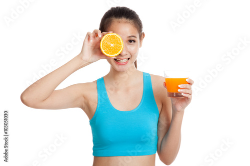 Beautiful Asian healthy girl with orange juice and orange fruit © halfbottle