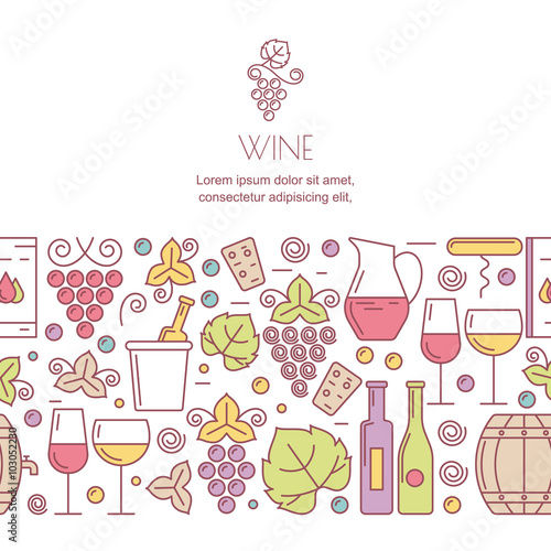 Vector horizontal seamless background with wine bottles, glass, grape vine, leaves signs. Food and drink flat pattern. Design concept for wine list, label, package, bar or restaurant menu.