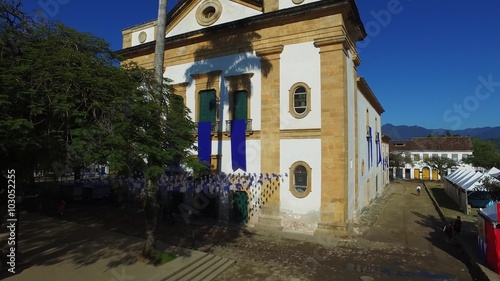 Aerial view church of the beautiful portuguese colonial typical town of parati in rio de janeiro state brazil photo