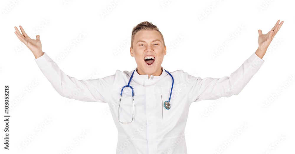 young male doctor in white coat screaming very emotionally. Peop young male doctor in white coat screaming very emotionally. Peop