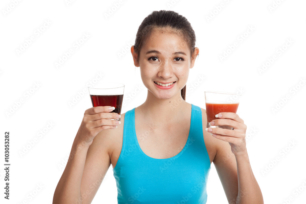 Beautiful healthy Asian girl with tomato juice and cola drinks Beautiful healthy Asian girl with tomato juice and cola drinks