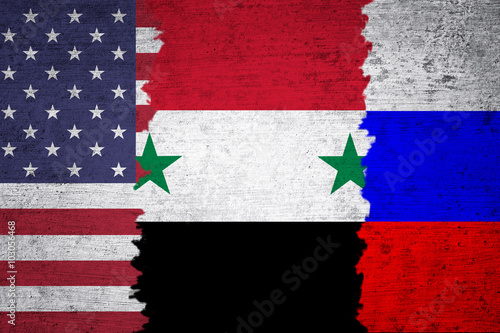 Conceptual Syria, USA and Russia torn flags Middle East politics solutions grunge textured background. 