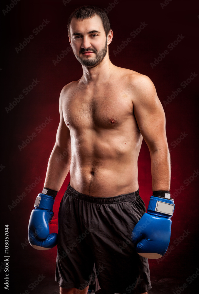 Naklejka premium Boxing man ready to fight. Boxing, workout, muscle, strength, power 