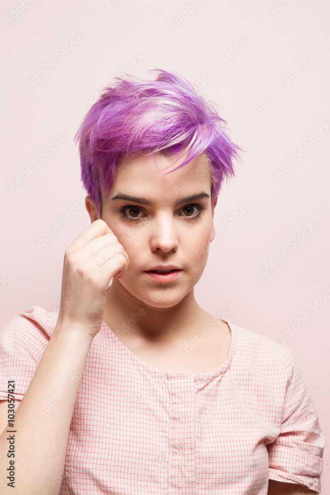 Violet-short-haired woman in pink pastel. Violet-short-haired woman in pink pastel.