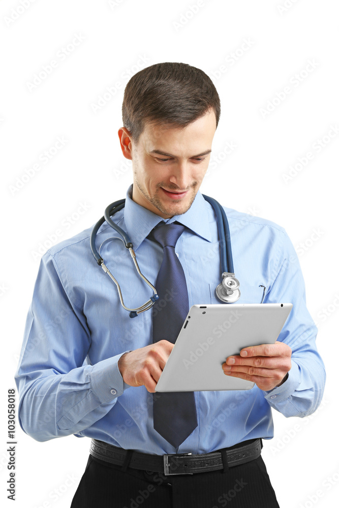 Doctor with tablet isolated on white Doctor with tablet isolated on white