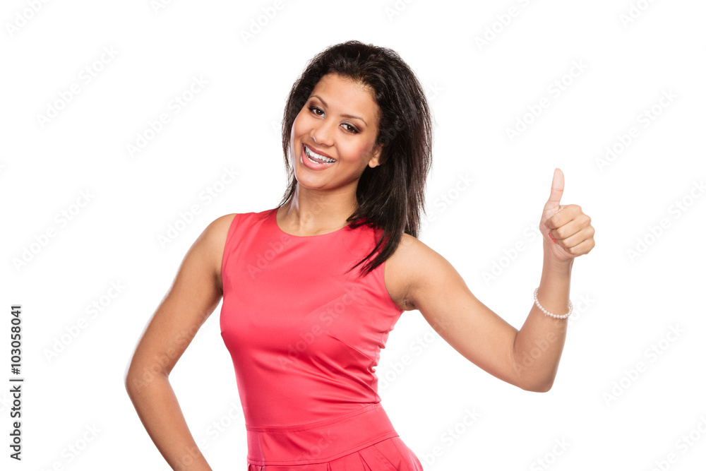 Mixed race woman giving thumb up gesture. Mixed race woman giving thumb up gesture.