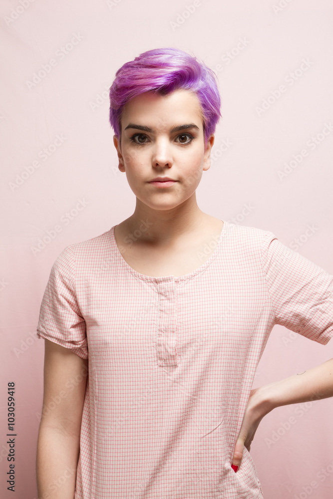 Violet-short-haired girl in pink pastel Violet-short-haired girl in pink pastel