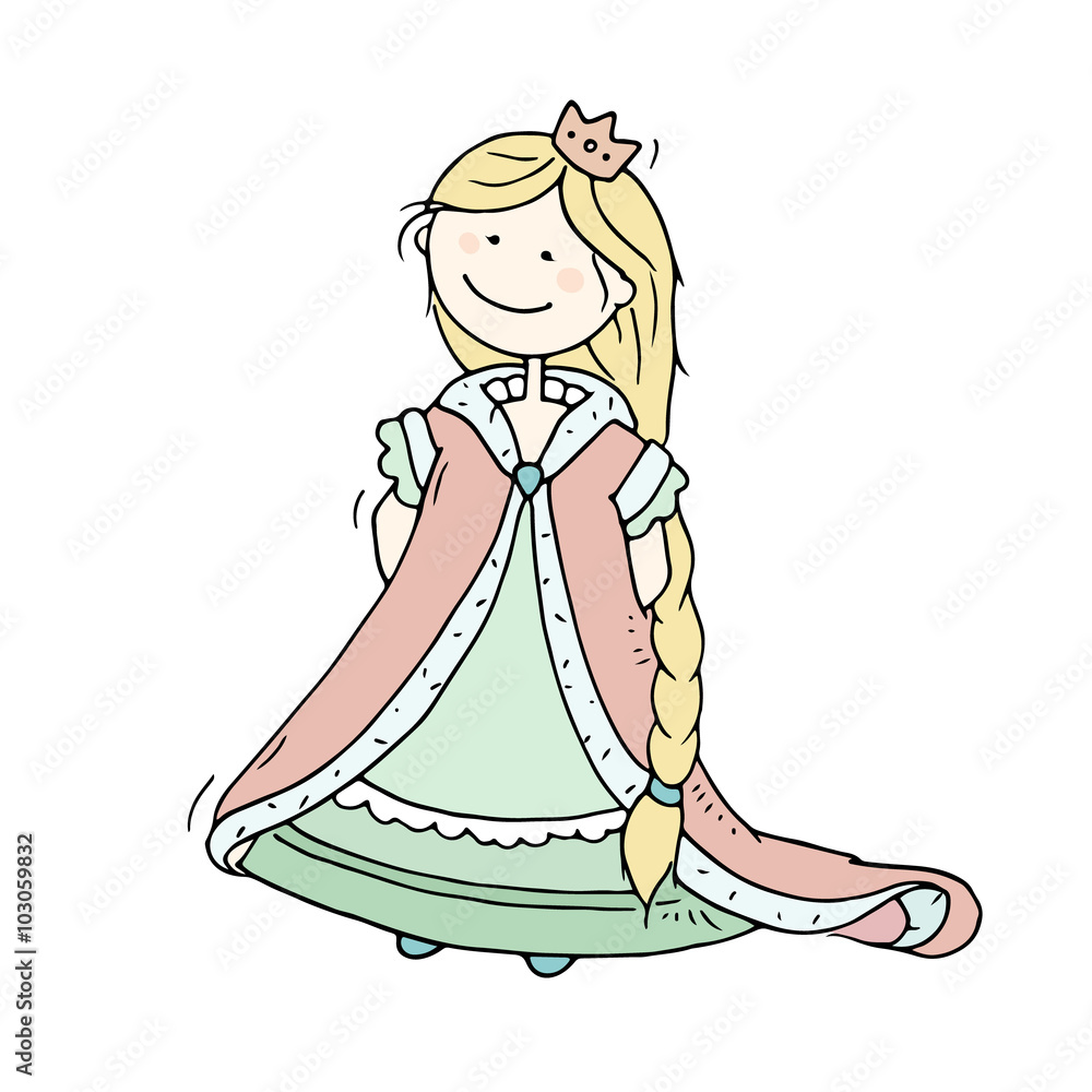 Cute cartoon fairytale princess wearing pink mantle and blue dress. Beautiful little queen character with long blond hair. Hand drawn vector illustration isolated on white background. Stock Vector | Adobe Stock Cute cartoon fairytale princess wearing pink mantle and blue dress. Beautiful little queen character with long blond hair. Hand drawn vector illustration isolated on white background. Stock Vector | Adobe Stock