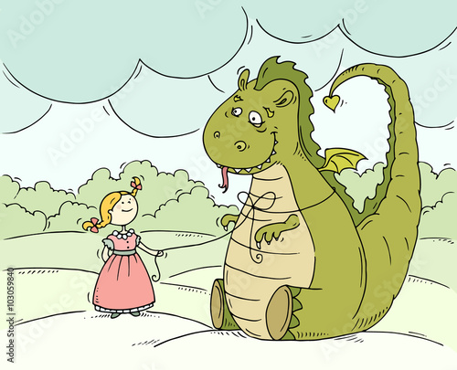 Cute cartoon little princess with big kind dragon. Hand drawn vector illustration about friendship girl and fairytale dragon.