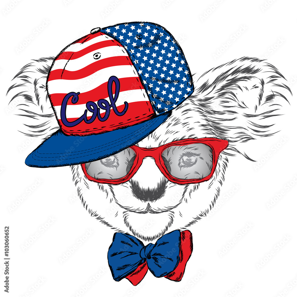 Fototapeta premium Cute koala in a cap and a tie. Koala vector. Greeting card with bear. Australia. America, USA. Koala wearing glasses.