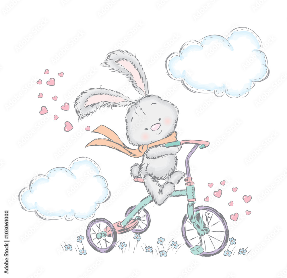 Naklejka premium Cute hare on a bicycle. Bunny in the vector. Sweetheart card.