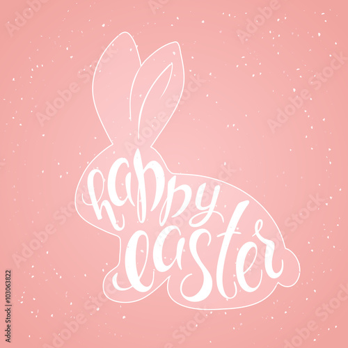 vector hand drawn easter lettering greeting quote in rabbit silhouette of rose quartz background