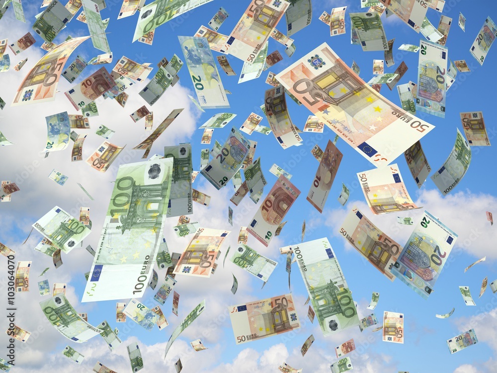 Fototapeta premium euro banknotes falling on blue sky in the background