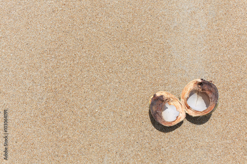Obraz na płótnie Opened coconut on the sand w salonie