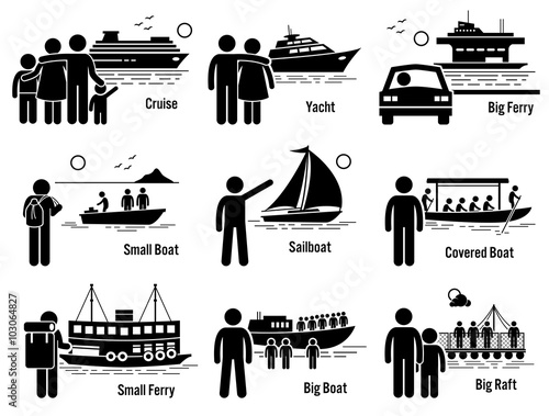 Water Sea Transportation Vehicles and People Set - Cruise Ship, Yacht, Ferry, Boat, Sailboat, and Raft