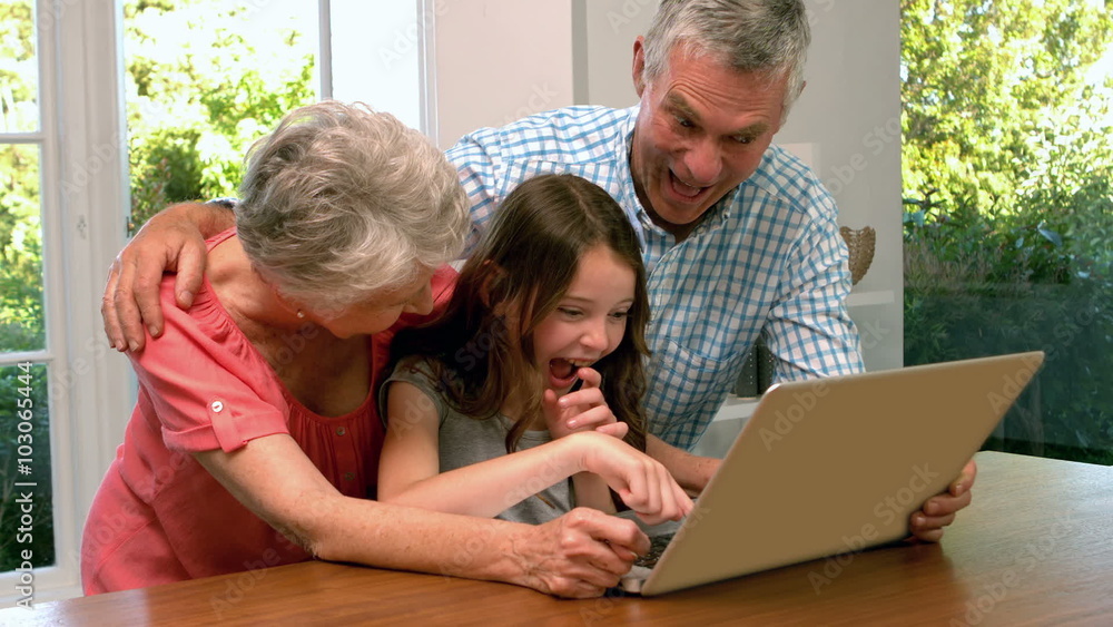Grandparents using laptop with granddaughter Grandparents using laptop with granddaughter