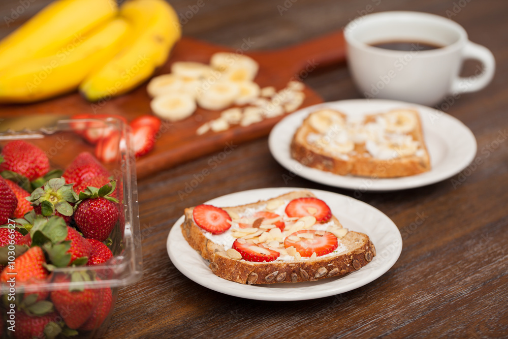 Toast, fruit and coffee for breakfast Toast, fruit and coffee for breakfast