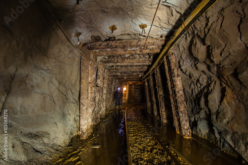 Underground gold mine ore tuneel with rails Berezovsky mine Ural