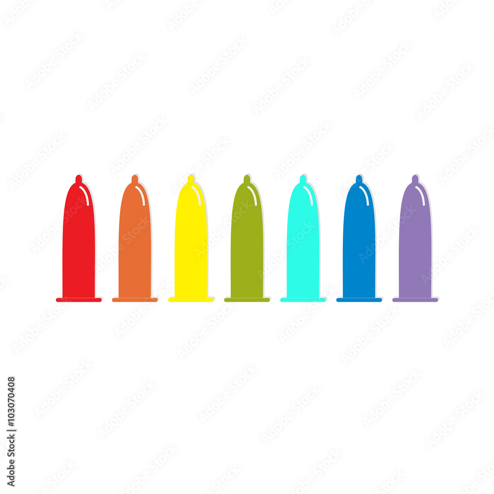 Condom rainbow icon set. Protection. White background. Isolated. Flat