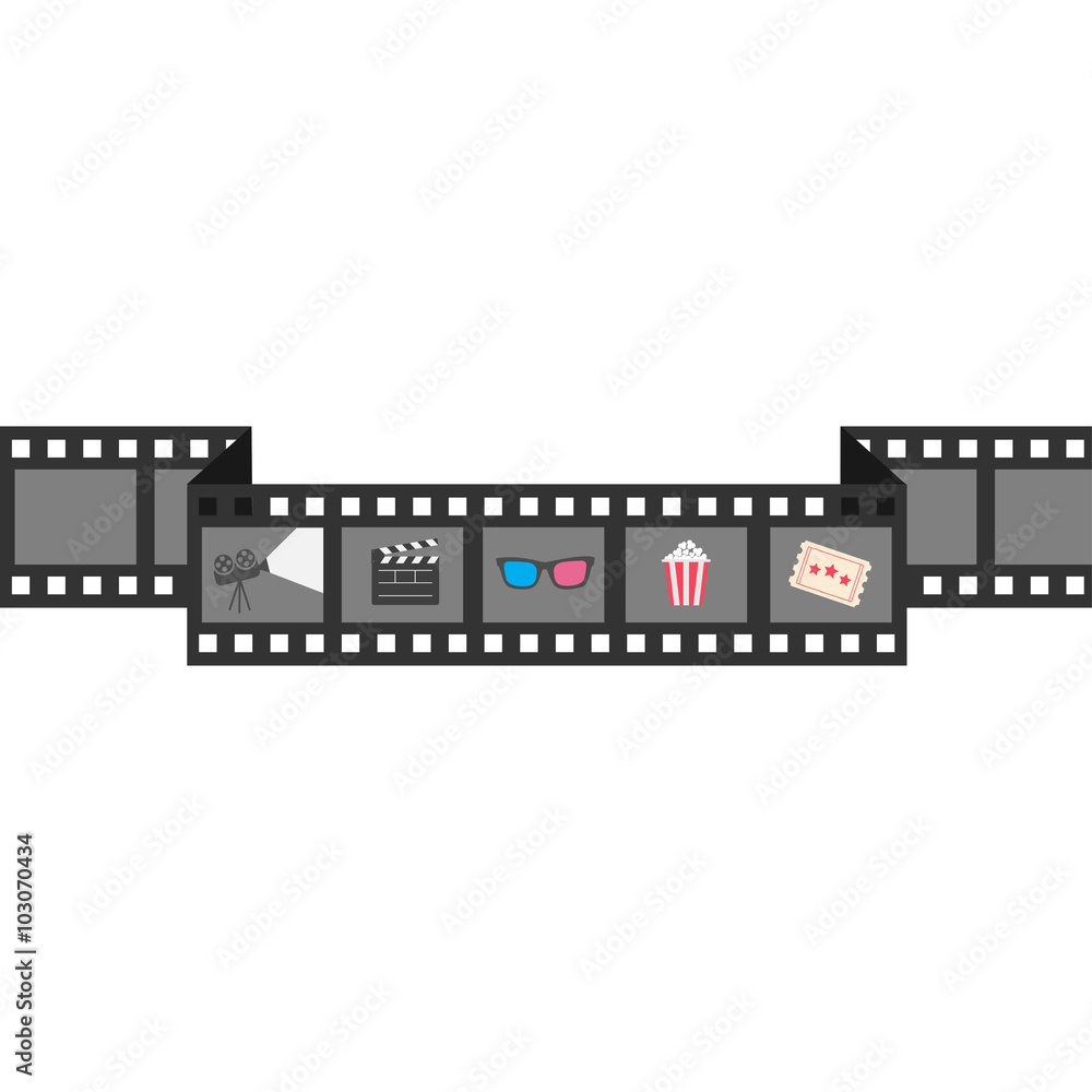 Film strip icon set. Popcorn, clapper board, 3D glasses, ticket, projector. Cinema movie night.  White background. Isolated. Flat design style.